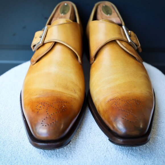 SALE - Franceschetti 10.5 - 11 Italian Tan Burnished Monk Strap Mens Dress Shoes - Picture 5 of 15